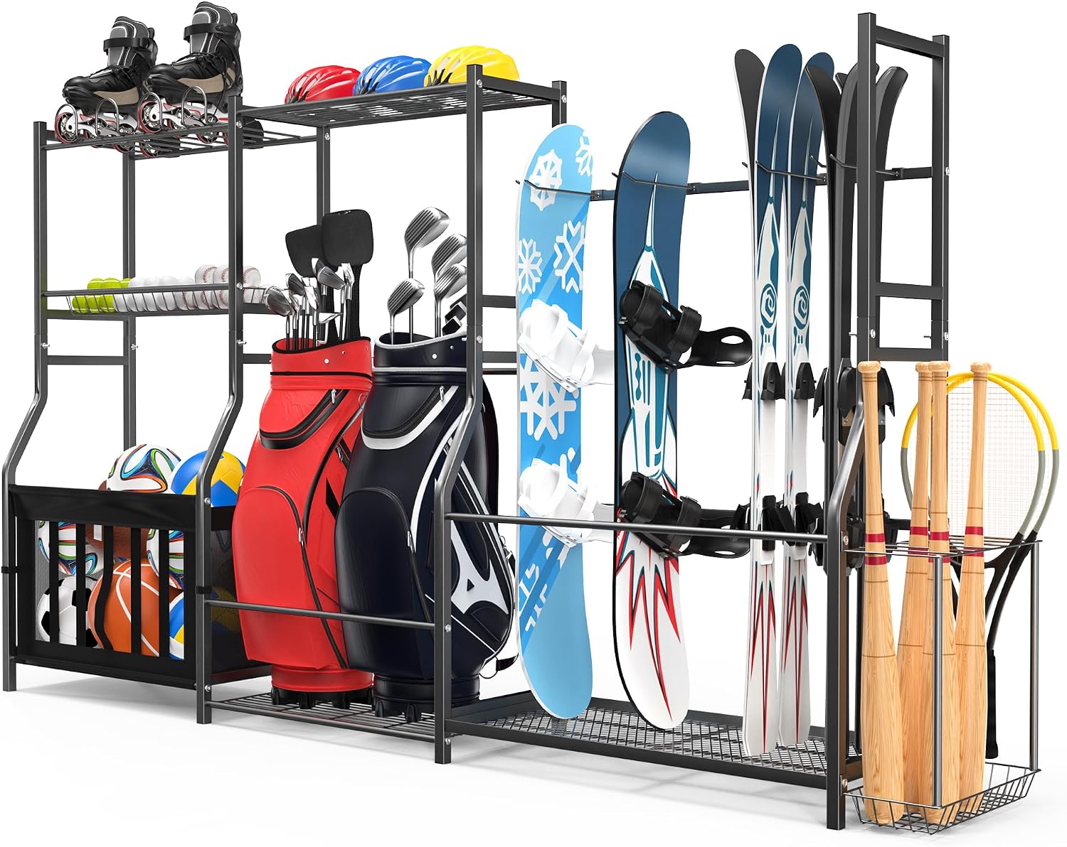 Golf Equipment Garage Storage - ที่จัดเก็บอุปกรณ์กีฬา ขาตั้งกระเป๋ากอล์ฟ, ชั้นวางสกีและสโนว์บอร์ดแบบตั้งพื้น, ชั้นวางเก็บลูกบอลในโรงรถพร้อมตะขอปรับระดับได้, ขาตั้งอุปกรณ์กีฬาอเนกประสงค์, สีดำทันสมัย