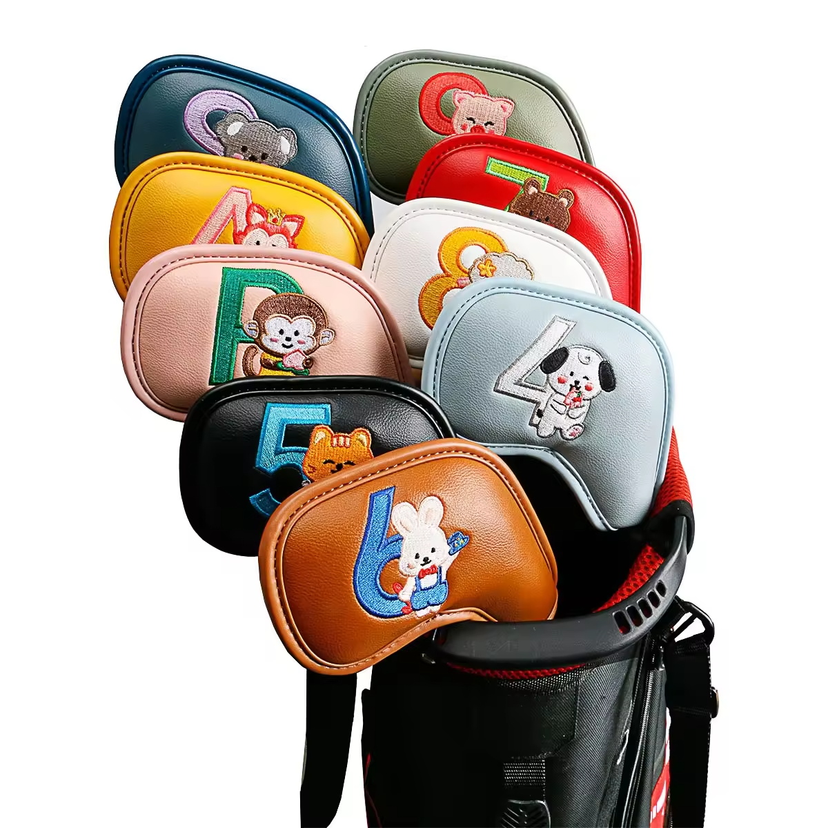 Headcover Driver - ชุดคลุมหัวไม้กอล์ฟลายการ์ตูนสัตว์น่ารัก 9 ชิ้น, วัสดุหนัง PU ปักลาย,