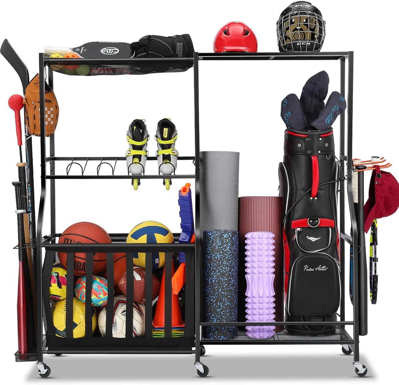 Golf Equipment Garage Storage - ที่เก็บอุปกรณ์กีฬาในโรงรถพร้อมล้อ ชั้นวางถุงกอล์ฟ กล่องเก็บลูกบอล โครงเก็บของแบบม้วนสำหรับโรงรถ ระบบตะกร้าเก็บของแบบแข็งแรง ตะขอแขวน